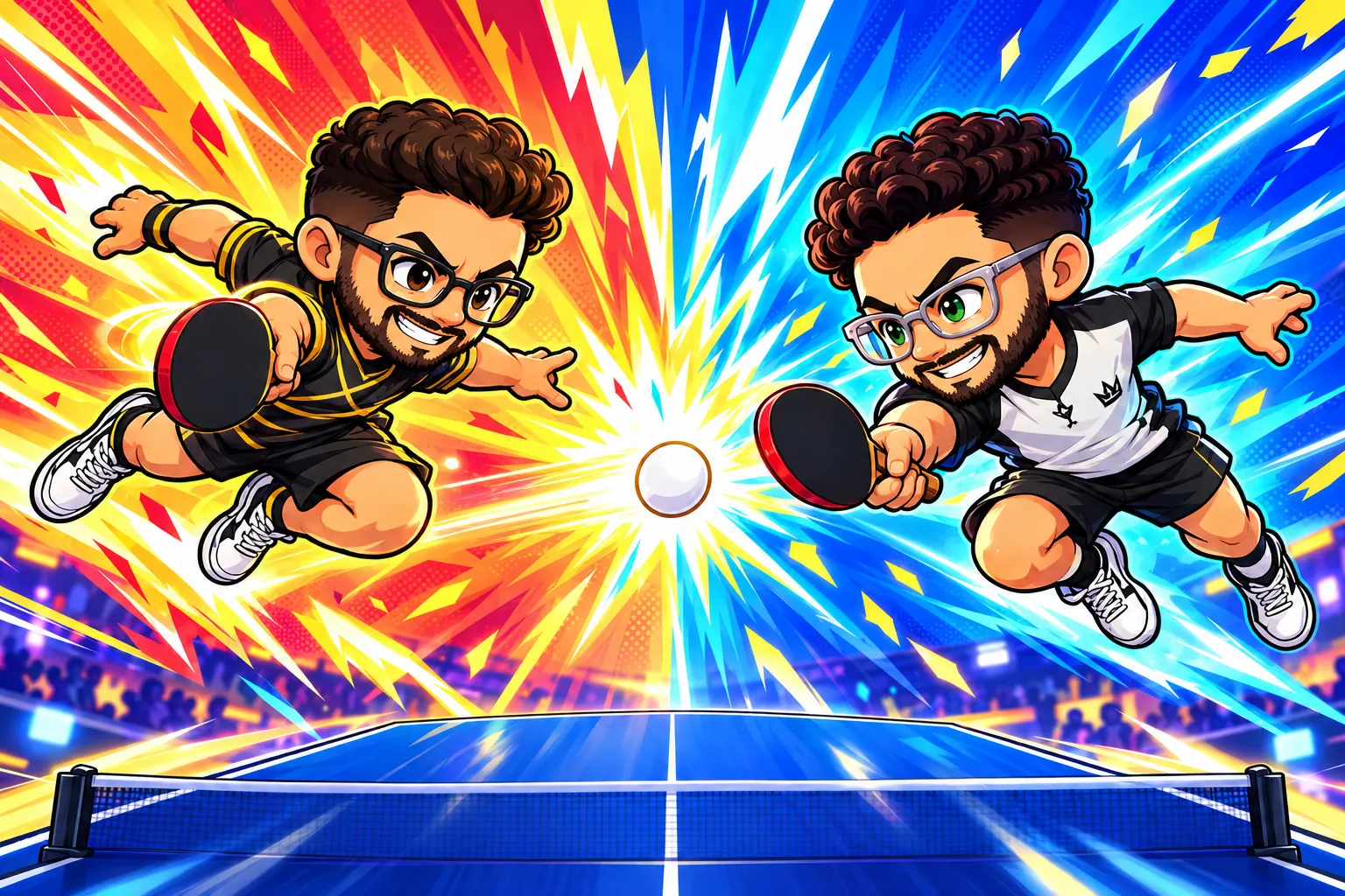 Two expressive Smash Kings rivals leap into a table tennis showdown, surrounded by blue and coral arcade bursts.